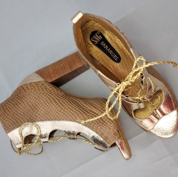 Lace Up Peep Toe Block Heel Leather Sandals Shoes Size 7 - Picture 2 of 13